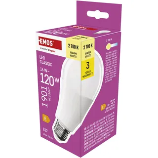 EMOS LED Lampe A70, 16W Ersatz für 120W Glühbirne, klassiche Birne in größerer Form, E27 Sockel, Helligkeit 1901 lm, Warmweiß 2700 K, 30000 h Lebensdauer, CRI min. 80, 180° Abstrahlwinkel