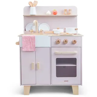 Woet Holz-Spielküche mit Ofen, Spüle und 16 Teilen, Rosa | Spielküche, Holz-Küchenset, Spielzeugofen, Kochfelder, Spiellebensmittel aus Holz, Schrank, Rollenspiel, ab 3 Jahren