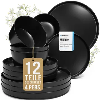 Steingut Geschirrset 4 Personen Manhattan 12-tlg. TESTSIEGER, Cooles Urbanes Steingut Geschirr Set, Schüssel- und Teller Set, Tafelservice 4 Personen, Geschirrsets Pure Living in matt Schwarz