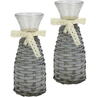 I.GE.A. "Glasvase", 2er Set mit Weidekorb und Spitze Rattangeflecht Vintage Blumenvase,