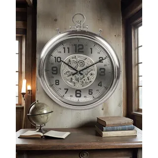 Formano XXL Wanduhr Silver 52x60cm Metall Uhr mit beweglichen Zahnrädern Modern - Bunt