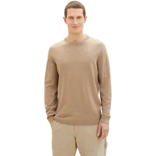 Rundhalspullover TOM TAILOR, Herren, Gr. XL, beige (beige meliert), Strick, Obermaterial: 100% Baumwolle, meliert, regular fit hüftbedeckend, Rundhals, Bündchen, Pullover Rundhalspullover, mit Logostickerei