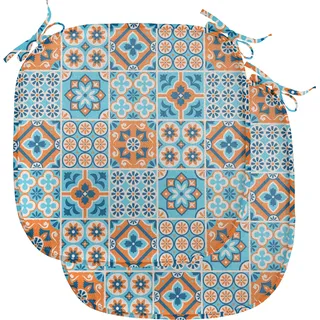 ABAKUHAUS marokkanisch Polster für Esszimmerstühle, Ornament, Dekoratives wasserfestes Kissen mit Riemen für Küchensitze, 40 cm x 40 cm-2er Pack, Dunkles Blau Orange