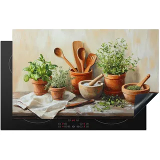 KitchenYeah© Herdabdeckplatte Einteilig Glaskeramikkochfeld Abdeckplatte für | 85x52 cm - Induktionsschutz Glaskeramikkochfeldabdeckung Vinyl Herdabdeckplatten Töpfe - Kräuter - Holz