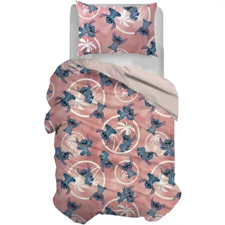 Stitch, Bettwäsche-Set für Einzelbett, Baumwolle, Rosa, Bettbezug 155 x 200 cm, Kissenbezug 50 x 80 cm, Disney, 100% Baumwolle, offizielles Produkt
