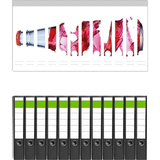 Wallario 12 Stück schmale Ordner inkl. Klebeetiketten mit Motive Flasche mit roter Brause - Wirbelsturm - Set mit Rückenschildern / Ordnerrücken Stickern
