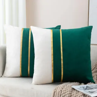 ZLINA 2 Stück Samt Dekorative Kissenbezüge Dunkelgrün Weiß Patchwork mit Gold Leder Kissenbezüge 61 × 61 cm Kissenbezüge Dekor Wohnzimmer Sofa Schlafzimmer Auto