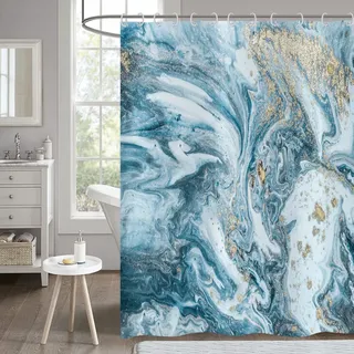 Duschvorhang Marmor Optik 180x200, Hnmdmyi Blau Gold Jade Textur Glitzer Duschvorhänge Abstrakt Aquarell Modern Luxus Kunst Badewanne Vorhang Wasserdicht Polyester Stoff Waschbar Badevorhang mit Haken