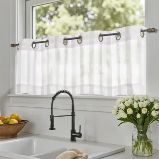 TOPICK Scheibengardinen modern Bistrogardine Wohnzimmer Weiß H 35 x B 130 (cm) 1er Set mit Ösen Transparent Landhaus Ösenvorhang Streifen Voile Küchenvorhang Gestreift Küchengardinen Klein Fenster