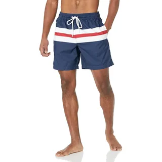 Amazon Essentials Herren Badehose, Schnell Trocknend, 18 cm - Auslauffarben, Marineblau Rot Weiß Streifen, XS