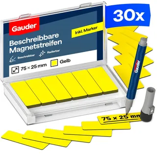 GAUDER Magnetetiketten beschreibbar - Wiederverwendbare Magnetschilder zum Beschriften für Whiteboard, Tafel, Kanban-Board und Kühlschrank - Magnetkarten mit Marker (30 Stück - 75 x 25 mm)