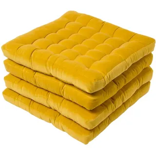 Homescapes Stuhlkissen Samt 4er-Set senfgelb 40/40/5 cm , Gelb , Textil , Quadratisch , 40x5x40 cm , Oeko-Tex® , Heimtextilien, Wohntextilien, Sitzkissen