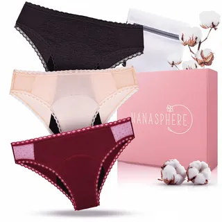 NANASPHERE 3er Set Menstruationsslips Ultra Saugfähig Bio-Baumwolle + Waschbeutel | Starke Blutung Wiederverwendbare Unterwäsche Auslaufschutz Postpartum Teenager