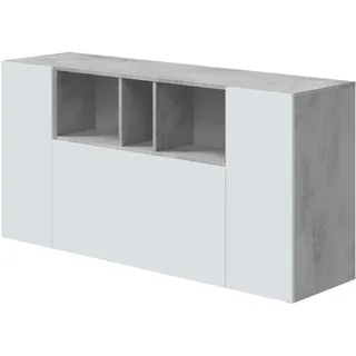 Habitdesign, modernes Sideboard mit 3 Türen und 3 offenen Fächern – Buffet & Beistellschrank für Wohnzimmer oder Esszimmer in Zementgrau & Artik weiß, Maße: 150 x 76 x 41 cm (B x H x T), Modell Loira