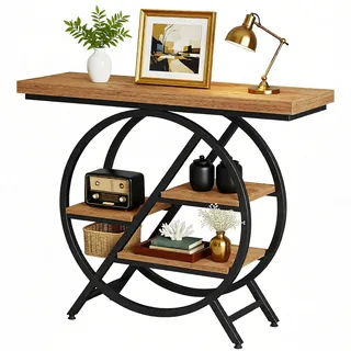 LITTLE TREE Konsolentisch 100 cm, Industrial Konsolentisch mit Metallgestell, 4-Etagen Schmaler Flurtisch in Rustikalem Braun, Für Eingangsbereich, Wohnzimmer & Diele, Stabiles Regal, Hellbraun