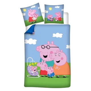 Bettwäsche Peppa Pig Familie, für Einzelbett, Bettbezug 140 x 200 cm + Kissenbezug 65 x 65 cm, Polyester-Baumwolle - Himmelblau