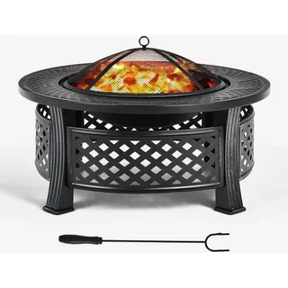 FANTASK Feuerschale, Feuerstelle mit Grillrost & Funkenschutz, Stabiler Feuerkorb inkl. Schürhaken für BBQ, Picknick, Lagerfeuer im Garten, φ81 cm