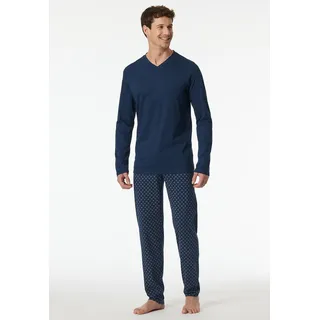 Schlafanzug SCHIESSER "Casual Essentials", Herren, Gr. 102, blau (801, admiral), Single Jersey, Obermaterial: 100% Baumwolle, gemustert, unifarben, lang, V-Ausschnitt, Homewear-Sets Schlafanzug, mit V-Ausschnitt