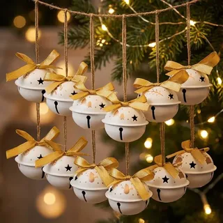 Valery Madelyn Eisen Glöckchen Weihnachtsanhänger Weihnachtsdeko 12er Set 4.2cm Weihnachtsglocken Anänger Weihnachtsdekoration zum Aufhängen für Christbaumschmuck Weiß Gold