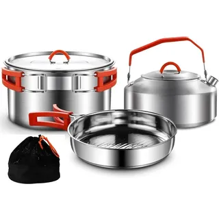 Camping Kochset, Camping Kochgeschirr Set, 304 Edelstahl Camping Töpfe und Pfannen Set, beinhaltet Topf Nonstick Bratpfanne Wasserkocher in Mesh Tasche für Wandern Outdoor Kochen Rucksack für 1-2 Mens