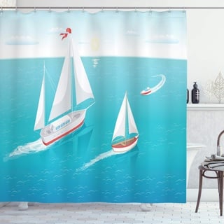 ABAKUHAUS blau Wasser Duschvorhang, Segelboote und Sonne, Stoffliches Gewebe Badezimmerdekorationsset mit Haken, 175 x 200 cm, Sea Blue und Mehrfarbig