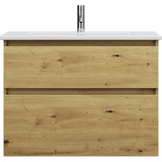 burgbad Lin20  Keramik-Waschtisch inklusive Waschtischunterschrank, 2 Auszüge, 830x415x622mm, SGHD083F5353C0001, Farbe: Eiche Dekor Urban