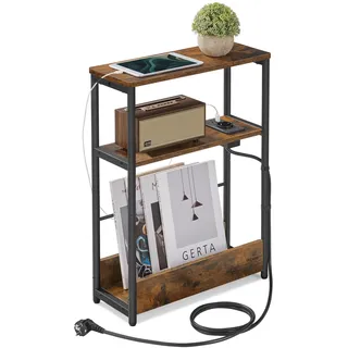 VASAGLE Beistelltisch schmal, Nachttisch mit Ladefunktion, 3 Ablagen | Couchtisch klein, Zeitschriftenhalter, Rustikales Braun-Mattschwarz, BARNET Kollektion LET335K02