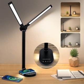 Schreibtischlampe LED Dimmbar Doppelkopf Aluminium 10W mit Wireless Charger&USB Ladefunktion, LED Tischlampe Stufenlose Dimmung 5 Farben Augenschutz mit Nachtlicht Timer Tischleuchte für Lesen Büro