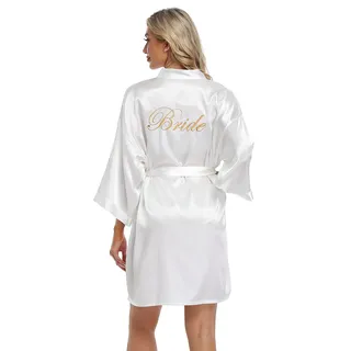 PENGEE Damen Hochzeit Party Roben für Braut Braut Brautjungfer Satin Kurz Kimono Robe Brautkleid mit Strass, Weiße Braut, Einheitsgröße