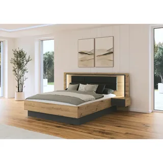 Rauch "Bett Doppelbett Komortbett BILBAO-EXTRA" Set, Liegefläche 160x200 cm, 3 tlg. tlg. Polster-Kopfteil in Lederoptik basalt, mit Beleuchtung, in Germany