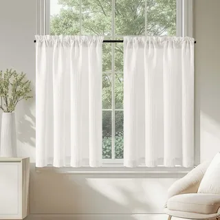 TOPICK Scheibengardinen Küche Weiß Bistrogardine mit Tunnelzug Gardinen Kurz mit Waffel Muster Blickdicht Küchengardinen für Lichtdurchlässig Modern Verdunkelung Landhaus 2er Set 90Bx90H cm