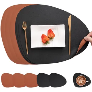 Myir JUN Tischsets Leder und Untersetzer, Tischsets Abwaschbar Rund Doppelseitigen rutschfest Platzdeckchen Leder Kunstleder Tischset Lederoptik Platzset (Schwarz Braun, Satz von 6)