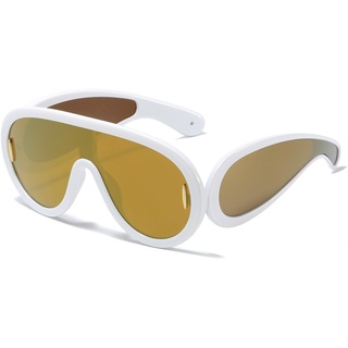 YAMEIZE Wrap Around Cool Sonnenbrille Herren Damen Vintage Retro Y2k Rave Übergroß Futuristisch Punk Sonnenbrille Weiß Gold Queck Silber