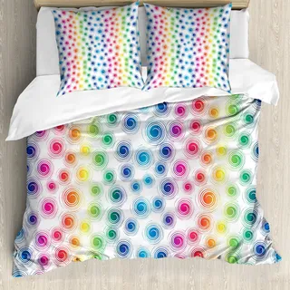 ABAKUHAUS Bunt Bettbezug Set, Funky Geometrische Retro-Stil Spiralen Kreise Twirled Linien Punkte Spots Muster, 155 x 220 cm + 80 x 80 cm, Mehrfarbig