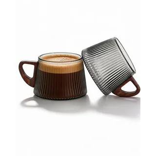 Holzwurm Kaffeetassen Set - 2er Set Kaffeetasse Groß aus Borosilikat Glas mit Holzhenkel, 230 ml pro Kaffeetasse - Kaffe Tassen Modern Set für stilvollen Genuss