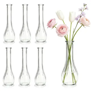 Blumenvase Glas, 6 Stück 21,7cm Hoch Schmale Klein Vase, Klarglas Glasvase, Moderne Minimalistische Glasvase, Durchsichtig Gerippte Vasen Set Für Orchideen, Rosen, Tulpen, Kerze