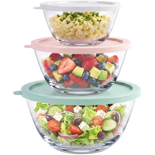 Greentainer Salatschüssel mit Deckel, Rührschüsseln Set aus Glas, Stapelbare Nesting-Schüssel-Set für Küche,Große Schüsselset,2.7L/1.5L/0.7L,Servierschalen ideal zum Mischen und Servieren
