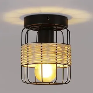 ZMH Deckenleuchte Schwarz Schlafzimmer Vintage Landhaus Deckenlampe E27 Deckenstrahler  Rattan Flurlampe Industrial Retro Boho Metall Bambus für Wohnzimmer Flur Eingang Küche - Braun