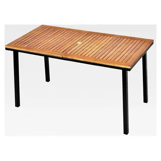 Gartentisch mit Schirmloch, 140x75x76cm, Esstisch für 6-8 Personen, rechteckiger Holztisch mit Metallrahmen