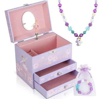 Anyiner Ballerina Schmuckkästchen für Mädchen, Kinder Spieluhr mit drehender Ballerina, 2 Schubladen und Einhorn Schmuckset, Musikkästchen Geschenk für Kinder Mädchen (Ballerina mit Blumenmotiv)