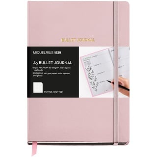 Miquelrius Bullet Journal Notizbuch, fester Kunstleder-Einband mit Gummizugverschluss, Format A5 148 x 210 mm, 96 Blatt 100 g/m2, innen Punktraster, Farbe Rosa