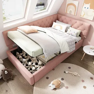 Flieks Polsterbett 90x190cm mit Stauraum, Tagesbett Schlafsofa mit Verstellbarem Kopfteil, Daybett Kinderbett Jugendbett mit Lattenrost, Samt, Rosa - Rosa