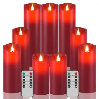 LED-Kerzen, rot, Batteriekerzen, 9-teilige flammenlose Kerzen, 24-Stunden-Timer-Funktion, tanzende Flamme (Batterie nicht im Lieferumfang enthalten)