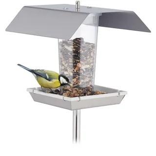 Relaxdays Vogelfutterhaus Edelstahl, Vogelfutterspender zum Aufhängen, mit Erdspieß, Futterstelle für Wildvögel, Silber, Metall, Kunststoff, 17.5x167x17 cm Gartenzubehör, Gartenpflege, Vogelhäuser
