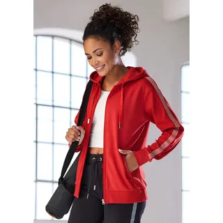 Kapuzensweatjacke H.I.S, Damen, Gr. XS (32/34), rot, Interlock, Obermaterial: 100% Baumwolle, unifarben mit Farbeinsatz, bequem hüftlang, Rippbündchen, Sweatjacken Kapuzensweatjacke, mit seitlichem Tapestreifen