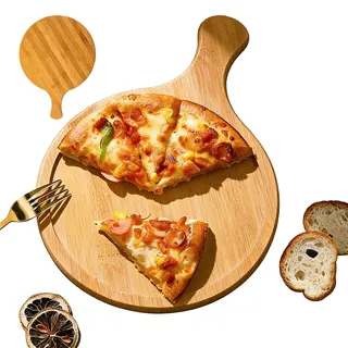 HSYTEK 9 Zoll Holz Pizzabrett Rund, Pizzateller mit Griff, Verstärkter Backblech - Pizzabrett Rund, Pizzateller Holz mit Griff, für Abstellen von Pizza, Brot, Kuchen, Gebäck
