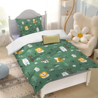 Yasida BettwäSche Wald Dunkelgrün 120x150 Waldtiere Mit Niedlichen Motiven Von Löwe Fuchs Und Eisbär FüR Jungen/MäDchen Kinder Mikrofaser BettwäSche 120x150 Mit 1 Kopfkissenbezug 40x60cm