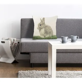 Dekokissen QUEENCE "Costas", grün (grün, braun, bedruckt), B:40cm L:40cm, Polyester, Dekokissen_Sitzkissen_Kissenhüllen, Dekokissen, mit einem Hasen auf der Wiese