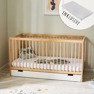 Babybett Kinderbett Gitterbett 60x120 cm mit Matratze und Schublade höhenverstellbar & herausnehmbare Sprossen | Buchenholz natur Europe