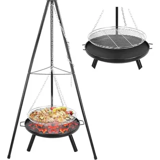 Schwenkgrill mit Feuerschale, Dreibein für Feuerschale, inkl. Grillrost (?52cm), Höhenverstellbarer Kette (200 cm) und Dreibein (H:152 cm), 3PCS Beine, Grill für Camping Garten Hof